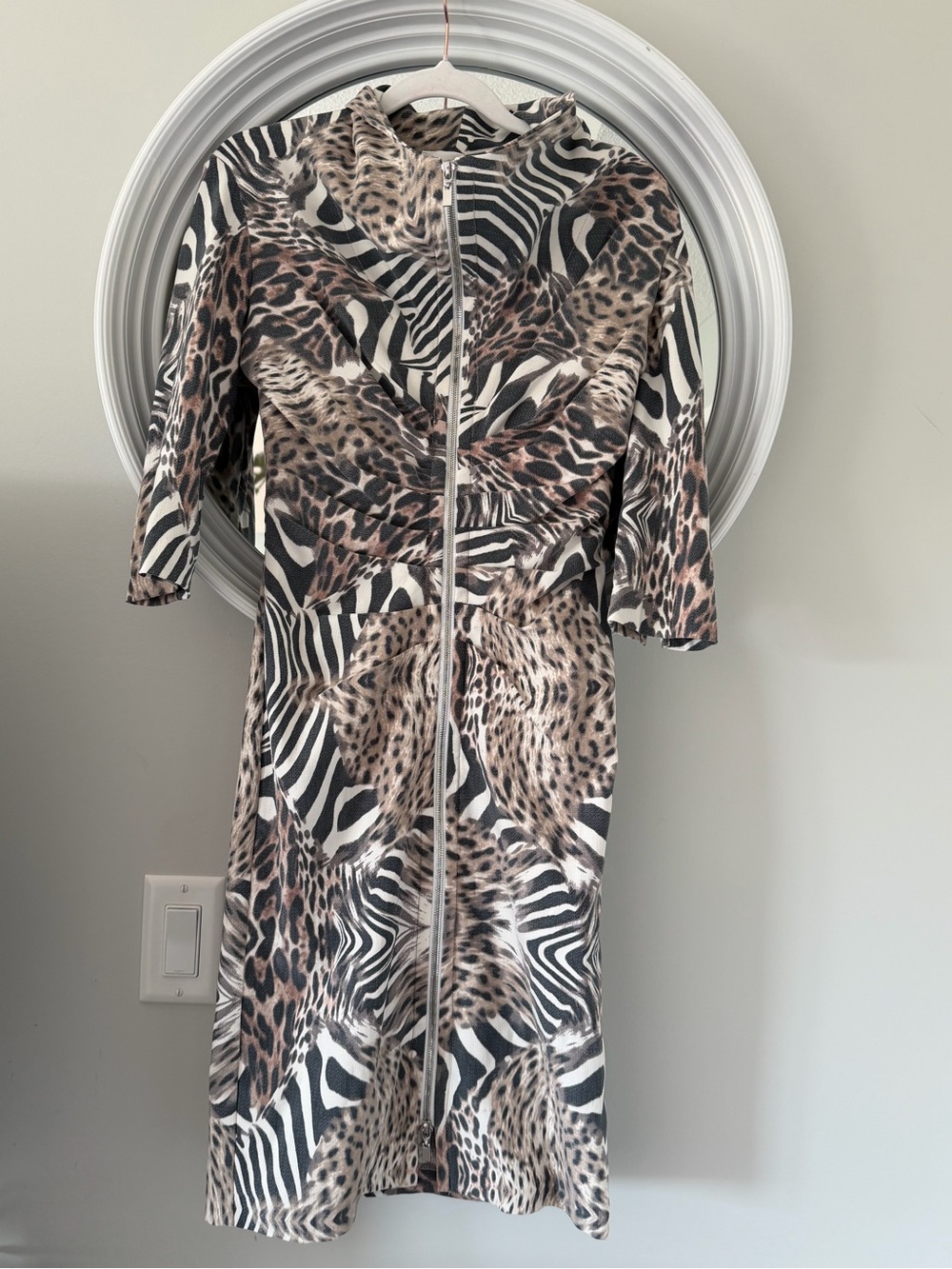 Joseph Ribkoff Mixed Animal Print Full Zip Ruching Dress - US 6
